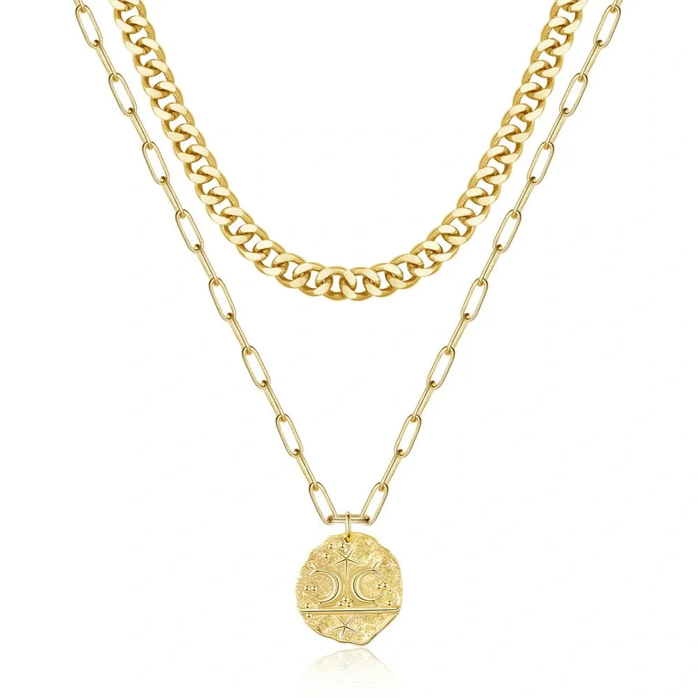 14K Gold Layered Moon Star Medallion Pendant Necklace for Women