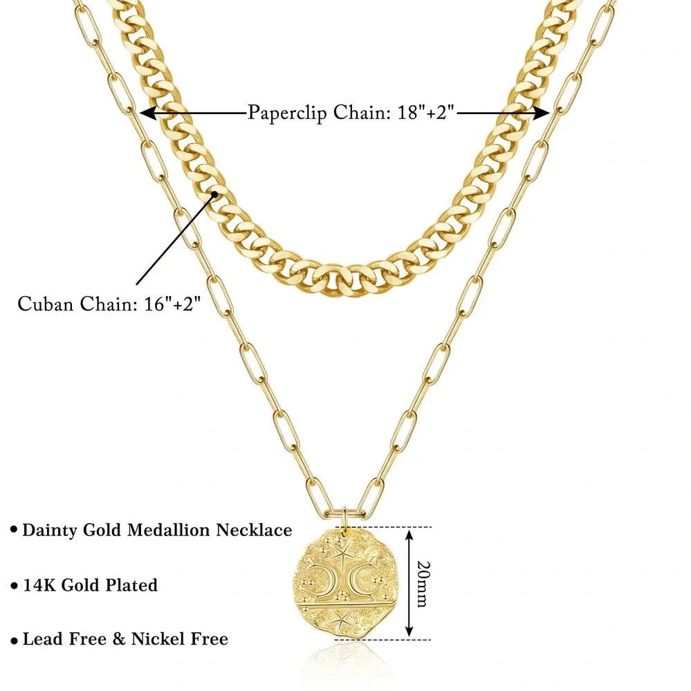 14K Gold Layered Moon Star Medallion Pendant Necklace for Women