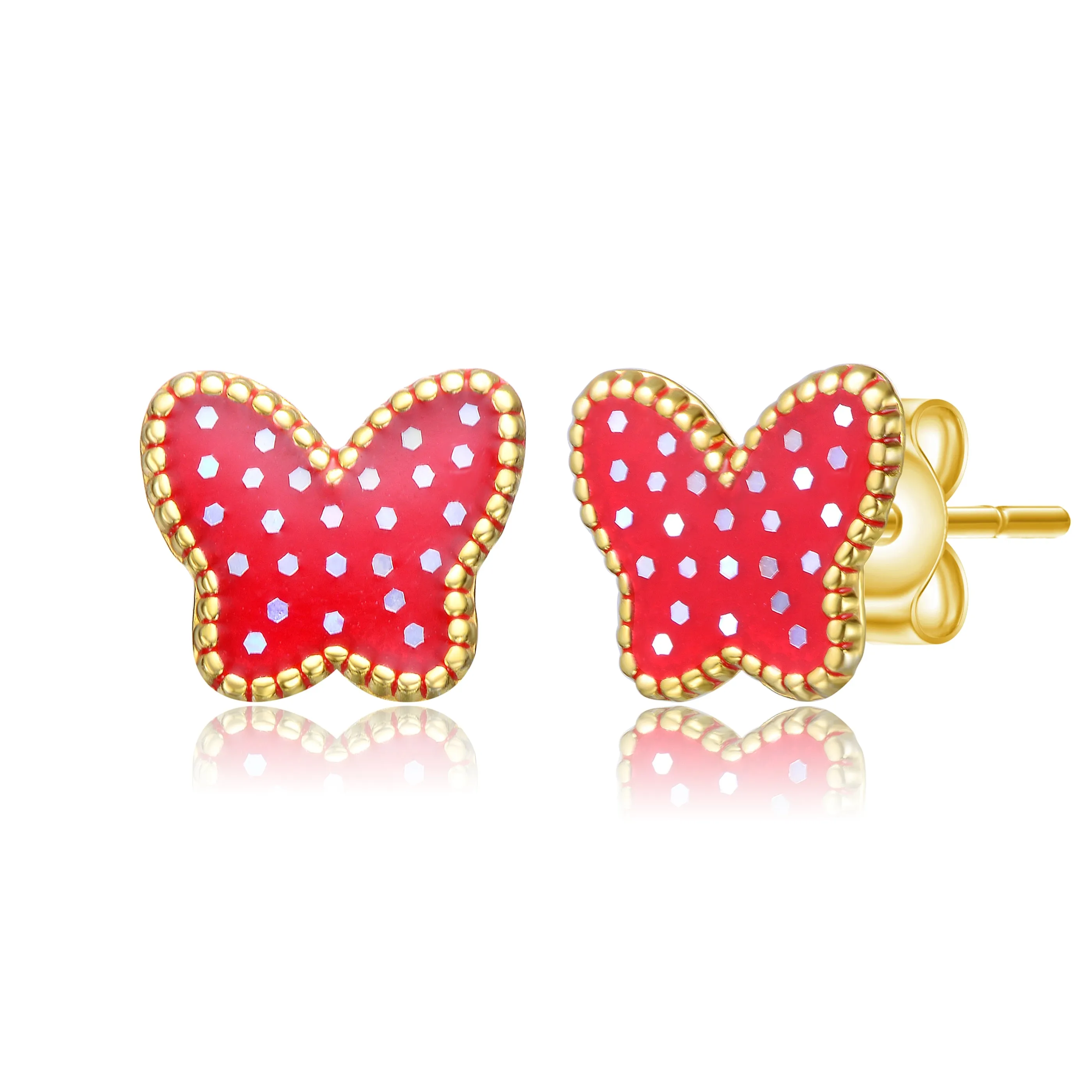 14k Gold Plated Red Enamel Starry Sky Butterfly Stud Earrings