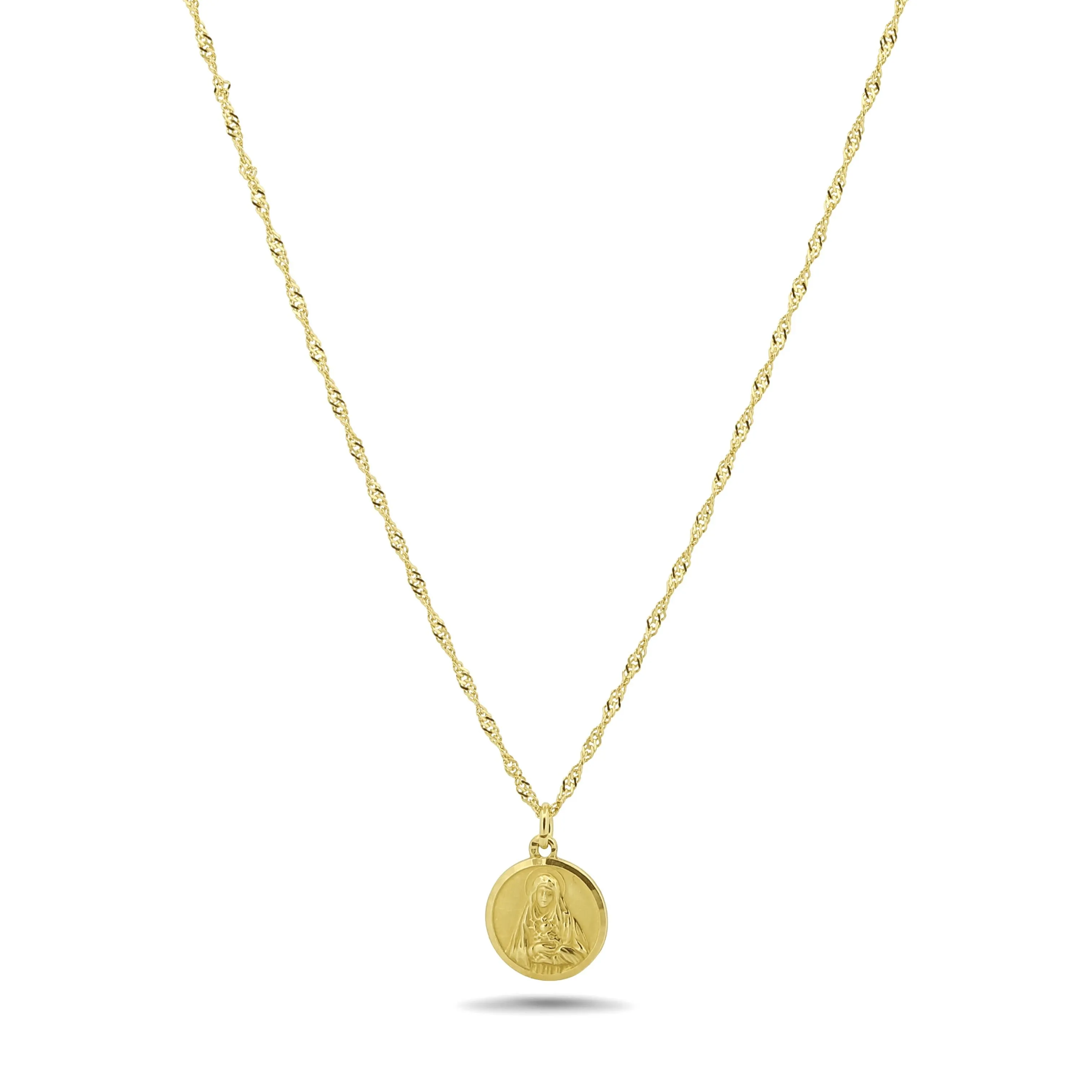 18K Gold Twisted Chain Necklace with Holy Mary Medallion Spiritual Gift