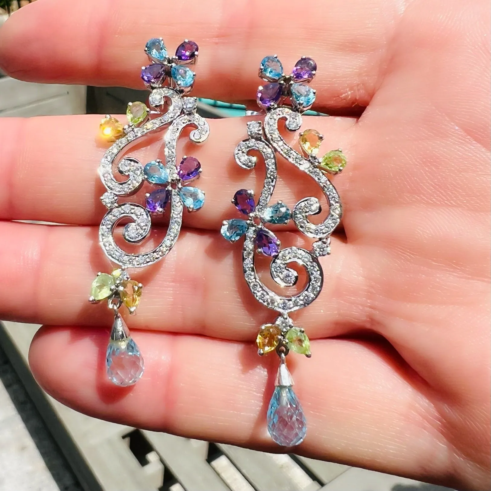 18kt White Gold Diamond & Multi-Colored Stone Drop Earrings