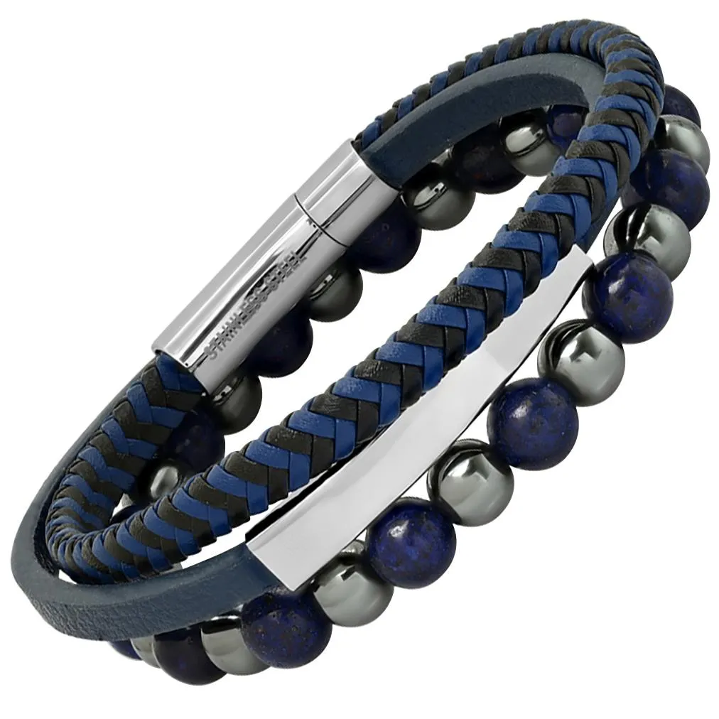 2-Piece Set: Men's Leather/Stainless Steel and Lapis/Hematite Beaded Bracelets