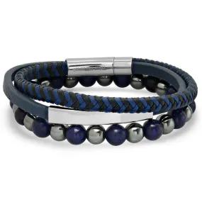 2-Piece Set: Men's Leather/Stainless Steel and Lapis/Hematite Beaded Bracelets