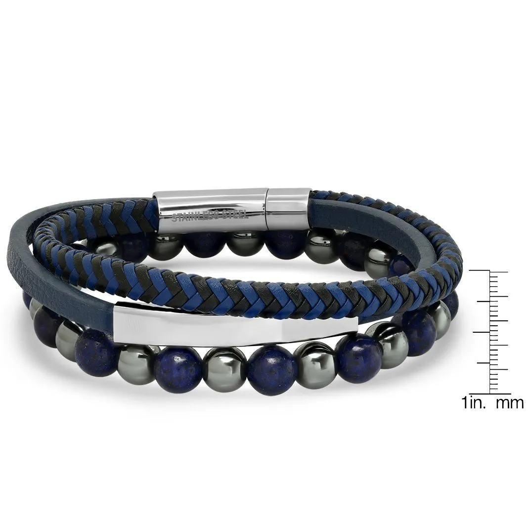 2-Piece Set: Men's Leather/Stainless Steel and Lapis/Hematite Beaded Bracelets