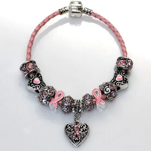 7" Genuine Leather Bracelet Pink Breast Cancer Awareness Charm Bracelet