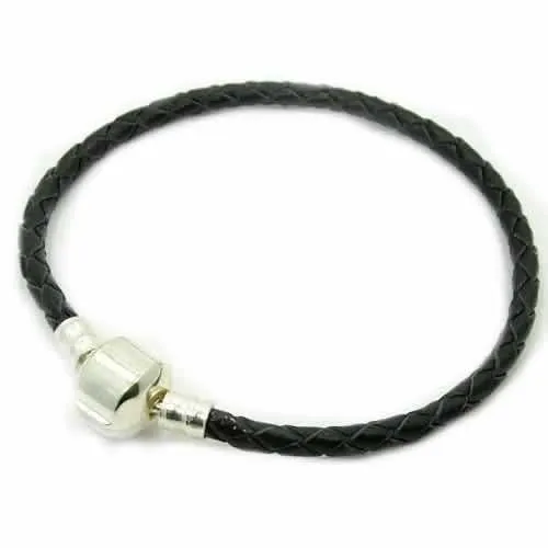 8.5" Genuine Leather Black Bracelet fits European Charms Compatible