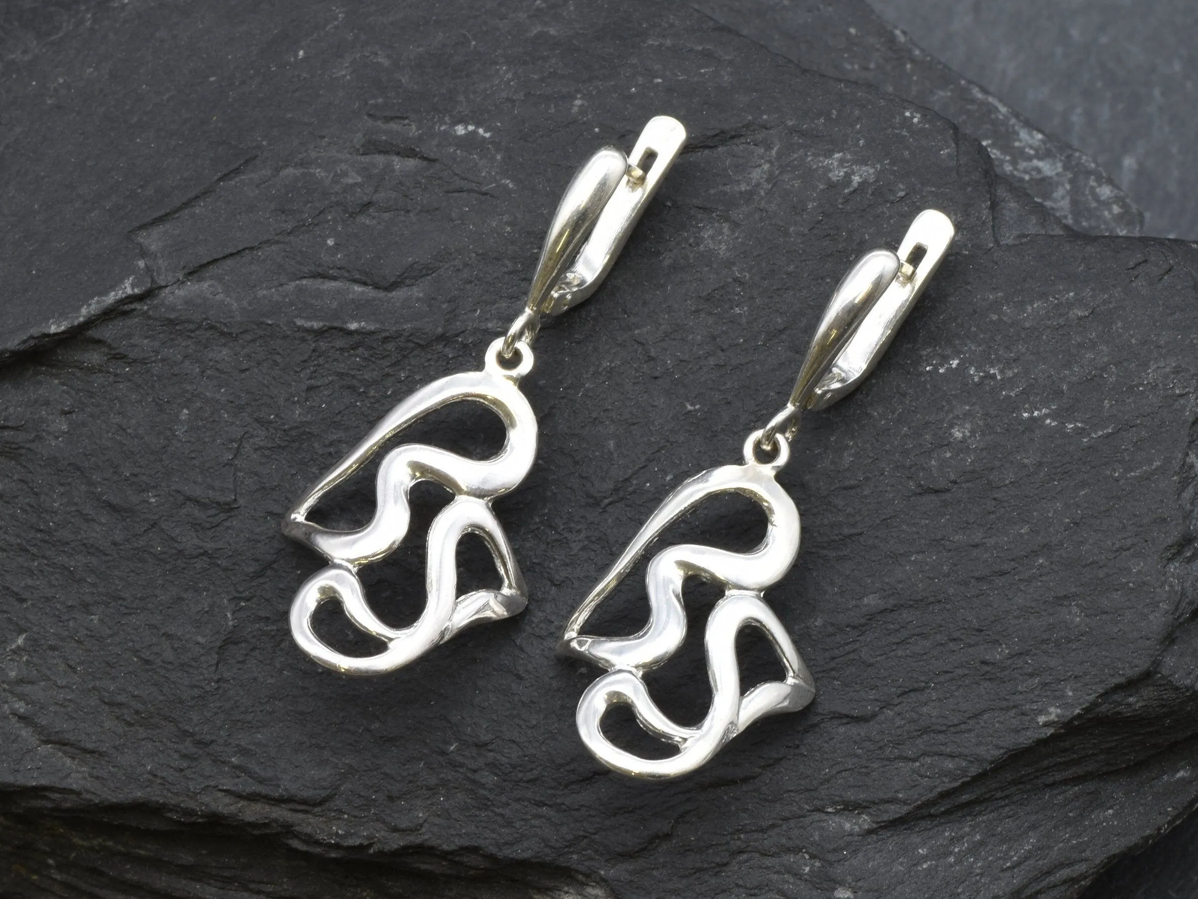 Abstract Heart Earrings - Long Dangling Earrings, Artistic Silver Earrings