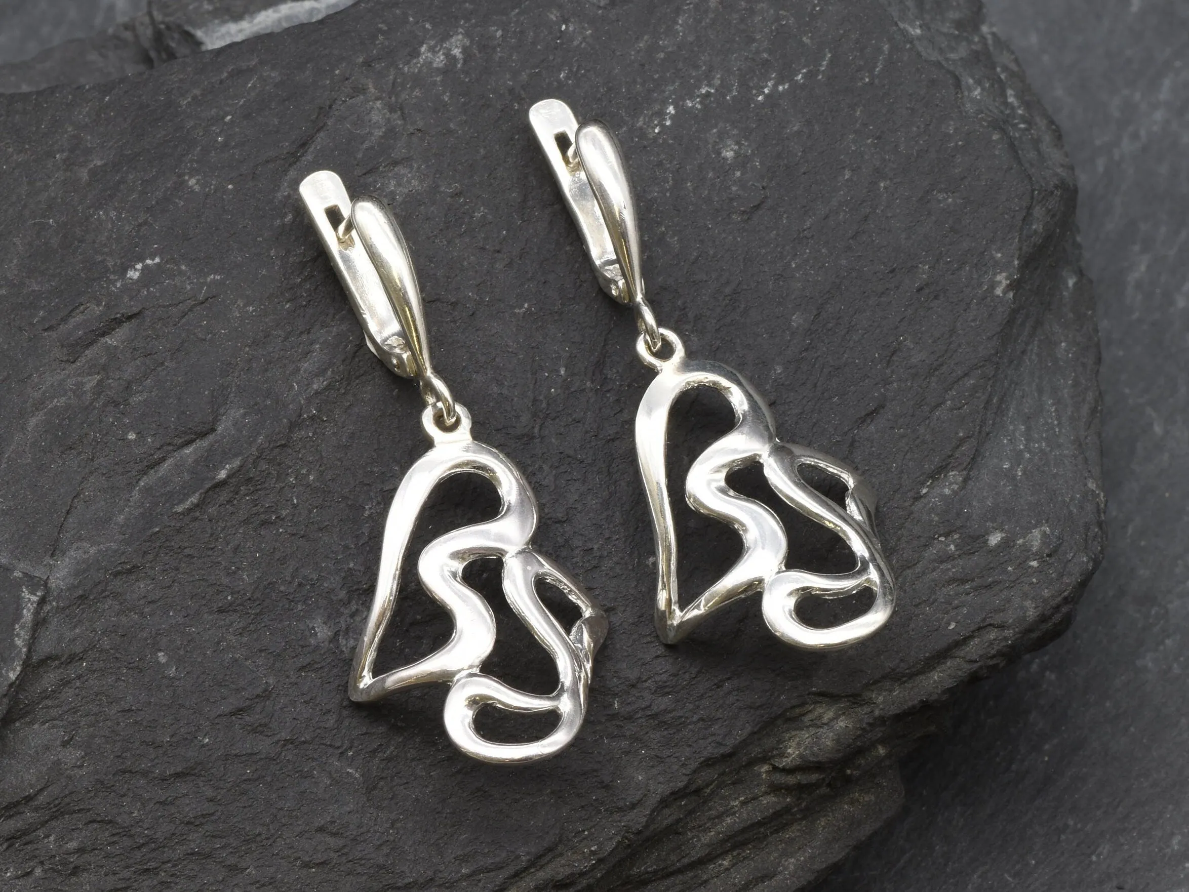 Abstract Heart Earrings - Long Dangling Earrings, Artistic Silver Earrings