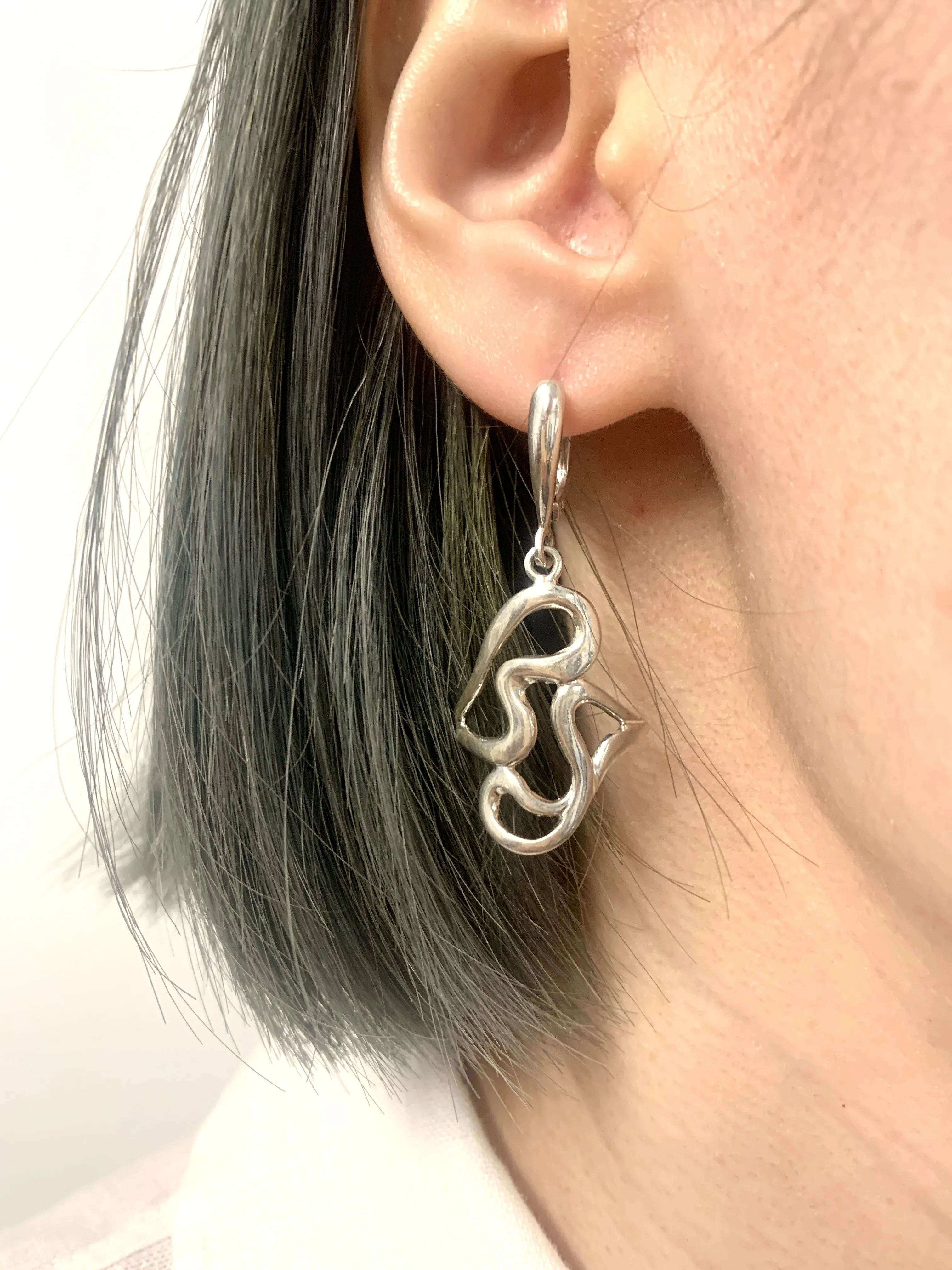 Abstract Heart Earrings - Long Dangling Earrings, Artistic Silver Earrings