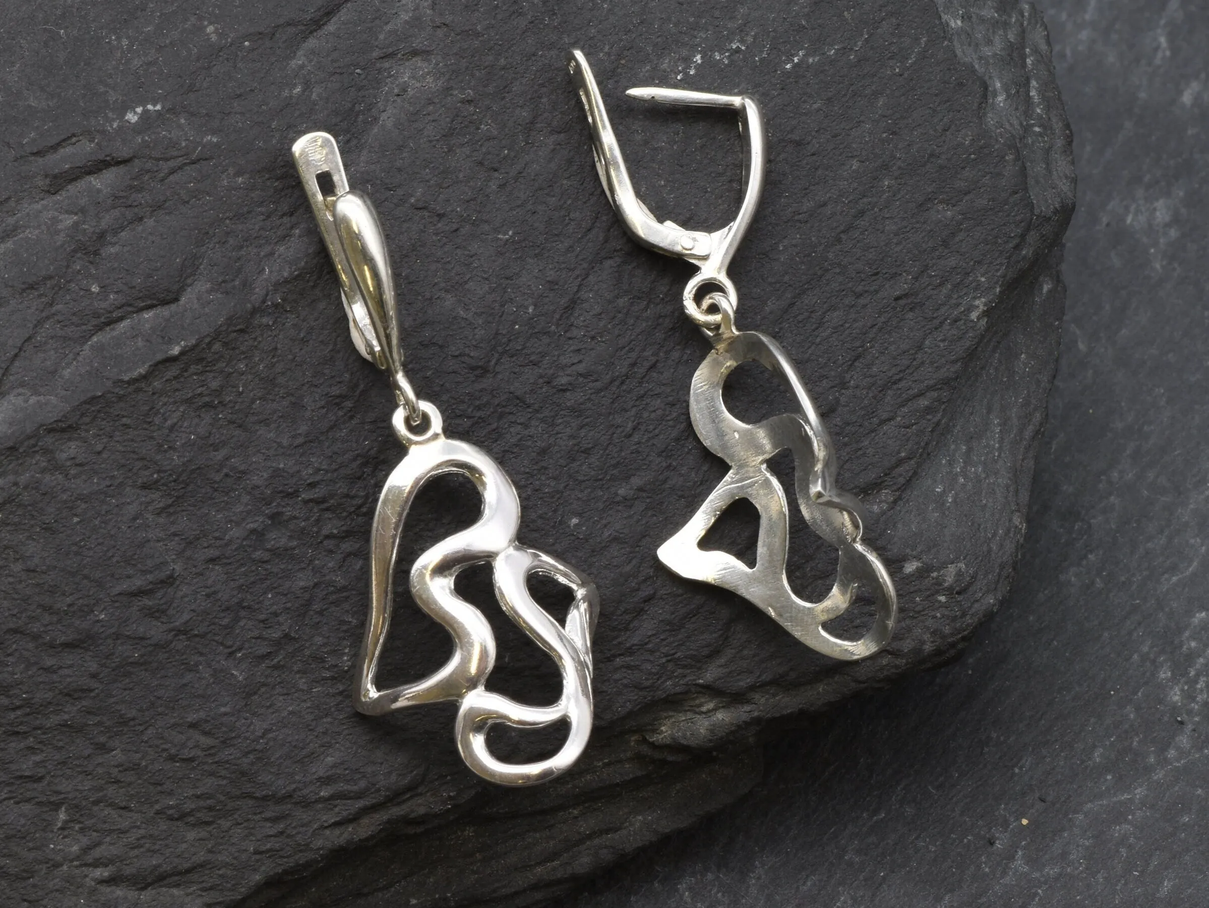 Abstract Heart Earrings - Long Dangling Earrings, Artistic Silver Earrings