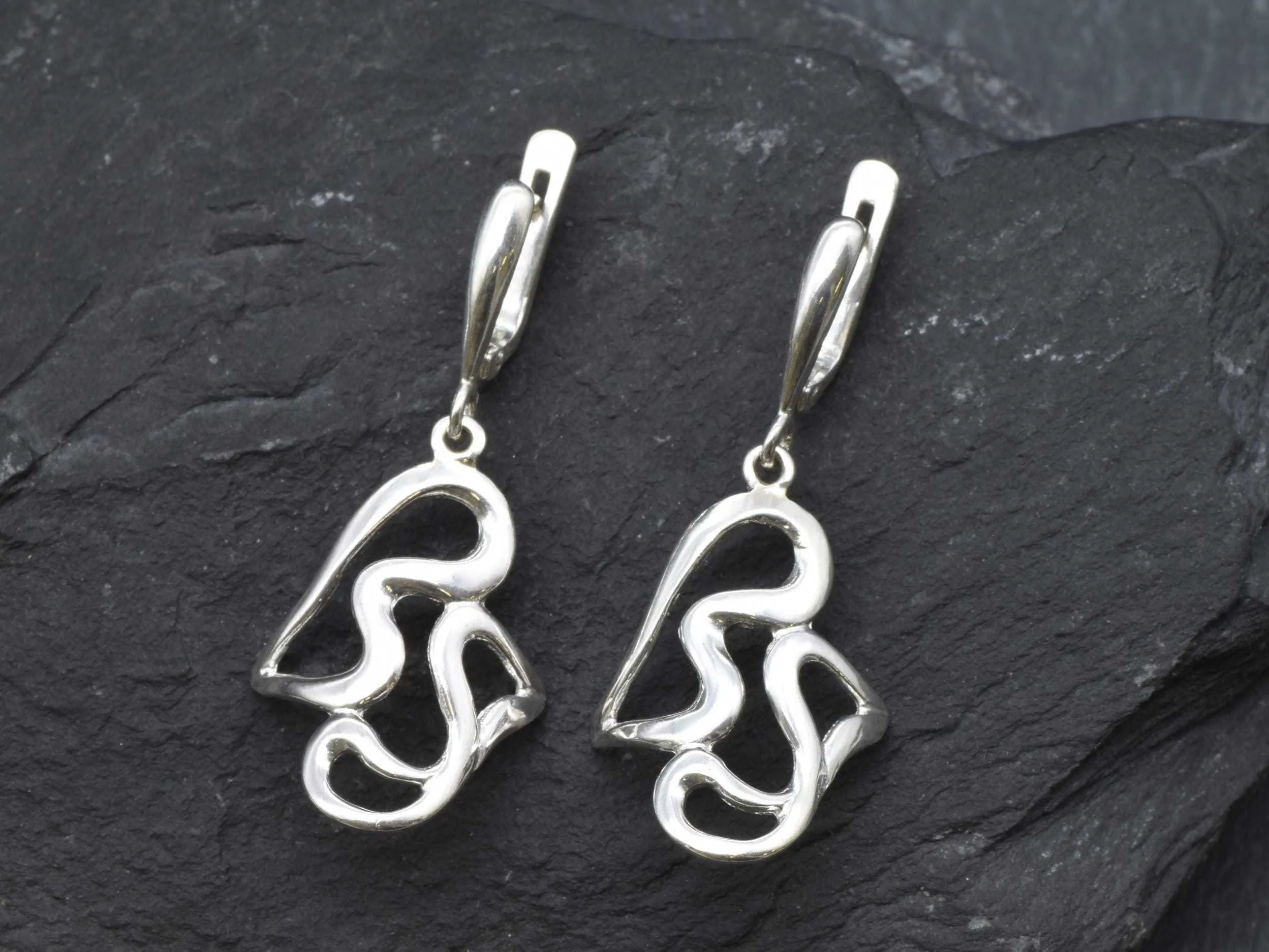 Abstract Heart Earrings - Long Dangling Earrings, Artistic Silver Earrings