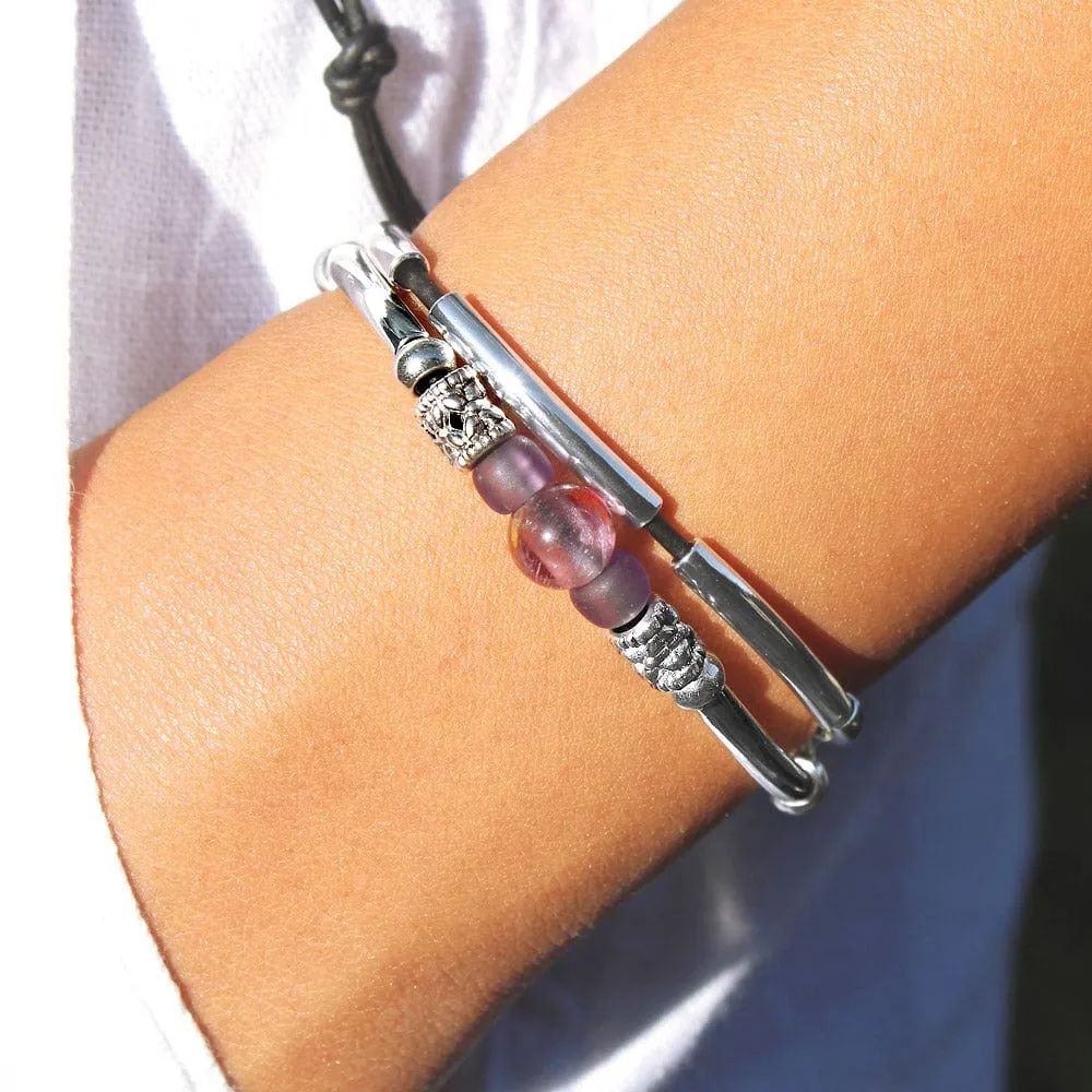 Amethyst Bracelet in Black Leather & Silver the Encouragement