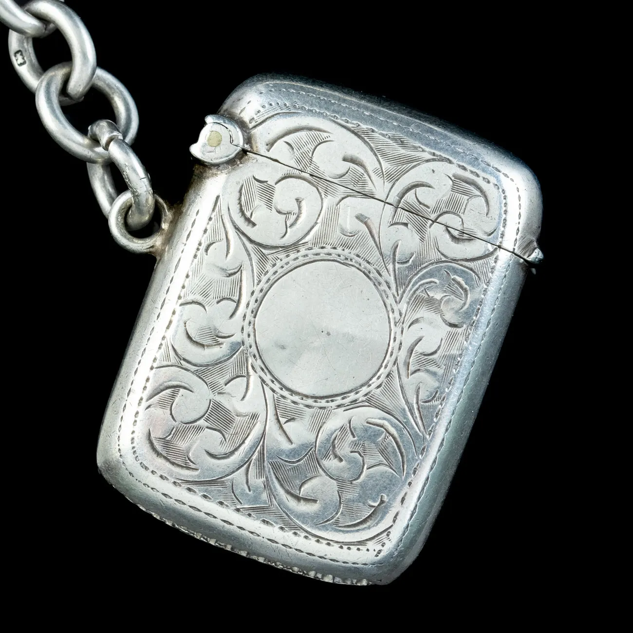 Antique Edwardian Albert Chain With Medallion And Vesta Case Sterling Silver