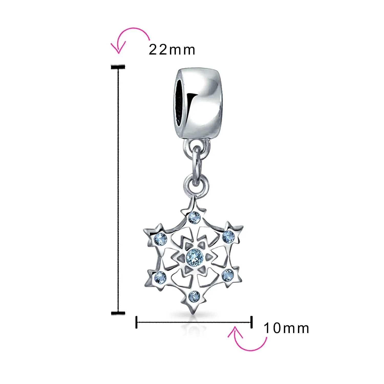 Aqua Ice Blue CZ Christmas Charm Bead Snowflake Sterling Silver for Bracelets