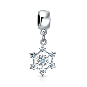 Aqua Ice Blue CZ Christmas Charm Bead Snowflake Sterling Silver for Bracelets