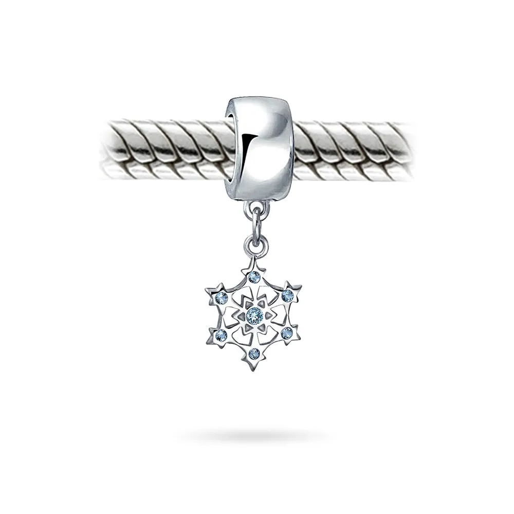 Aqua Ice Blue CZ Christmas Charm Bead Snowflake Sterling Silver for Bracelets