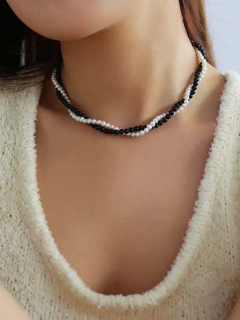 Black Agate Natural Pearl Double Layer Necklace