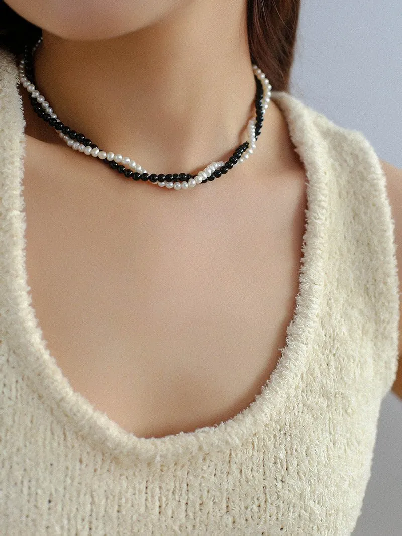 Black Agate Natural Pearl Double Layer Necklace