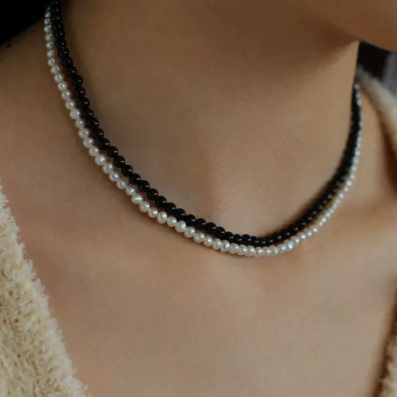 Black Agate Natural Pearl Double Layer Necklace