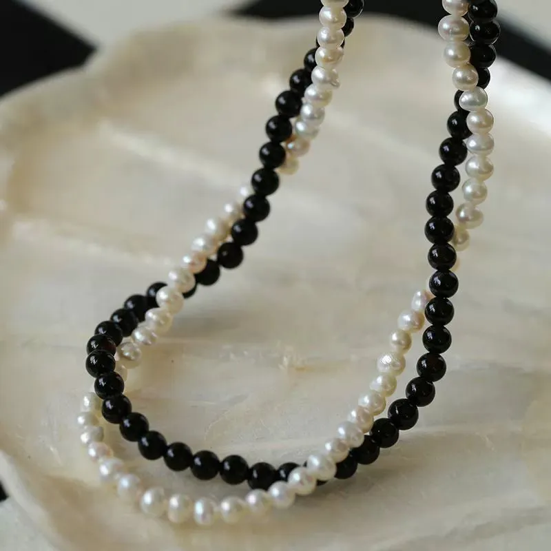 Black Agate Natural Pearl Double Layer Necklace