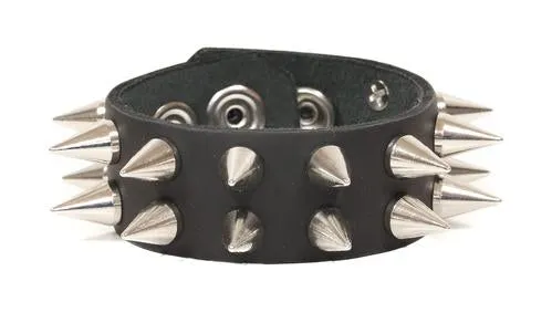 Black Leather Bracelet w/ 2 Rows of Silver Cone Spikes