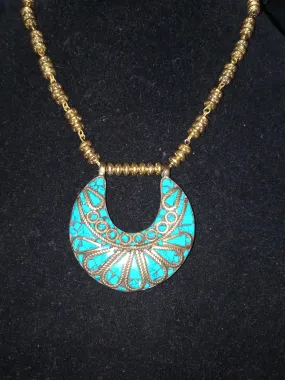 Blue Brass Medallion Necklace