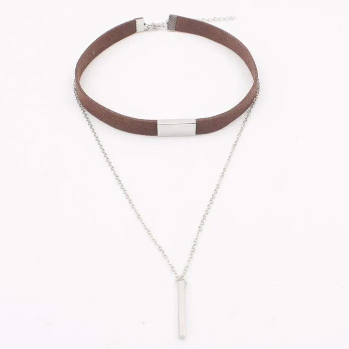 Brown Suede and Silver Chain Layered Choker