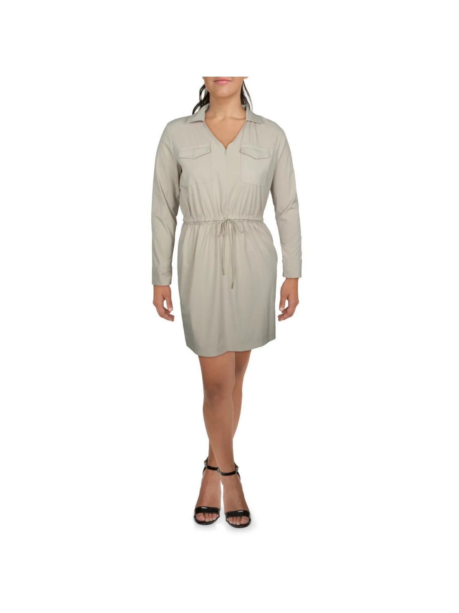 CALVIN KLEIN Womens Beige Pocketed Unlined Drawstring Waist Zippered Cuffed Sleeve Collared Above The Knee Shirt Dress