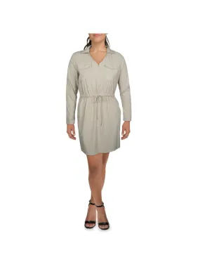 CALVIN KLEIN Womens Beige Pocketed Unlined Drawstring Waist Zippered Cuffed Sleeve Collared Above The Knee Shirt Dress