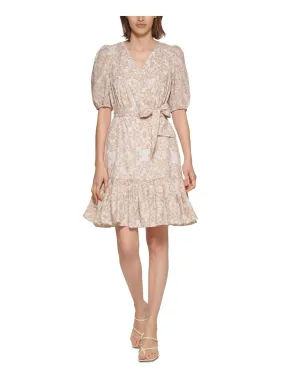 CALVIN KLEIN Womens Beige Zippered Pocketed Tie Belt Lined Printed Pouf Sleeve Split Above The Knee Fit   Flare Dress