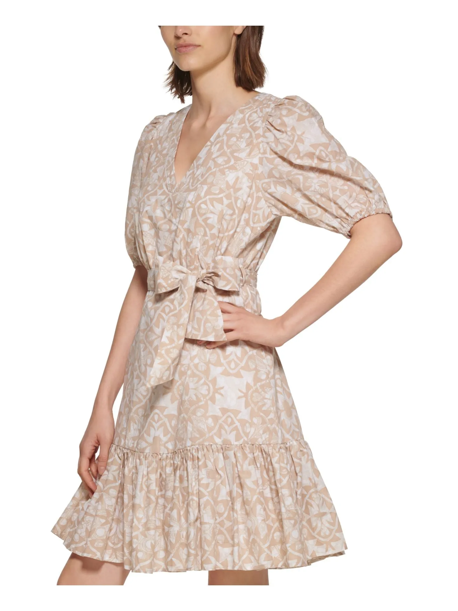 CALVIN KLEIN Womens Beige Zippered Pocketed Tie Belt Lined Printed Pouf Sleeve Split Above The Knee Fit   Flare Dress