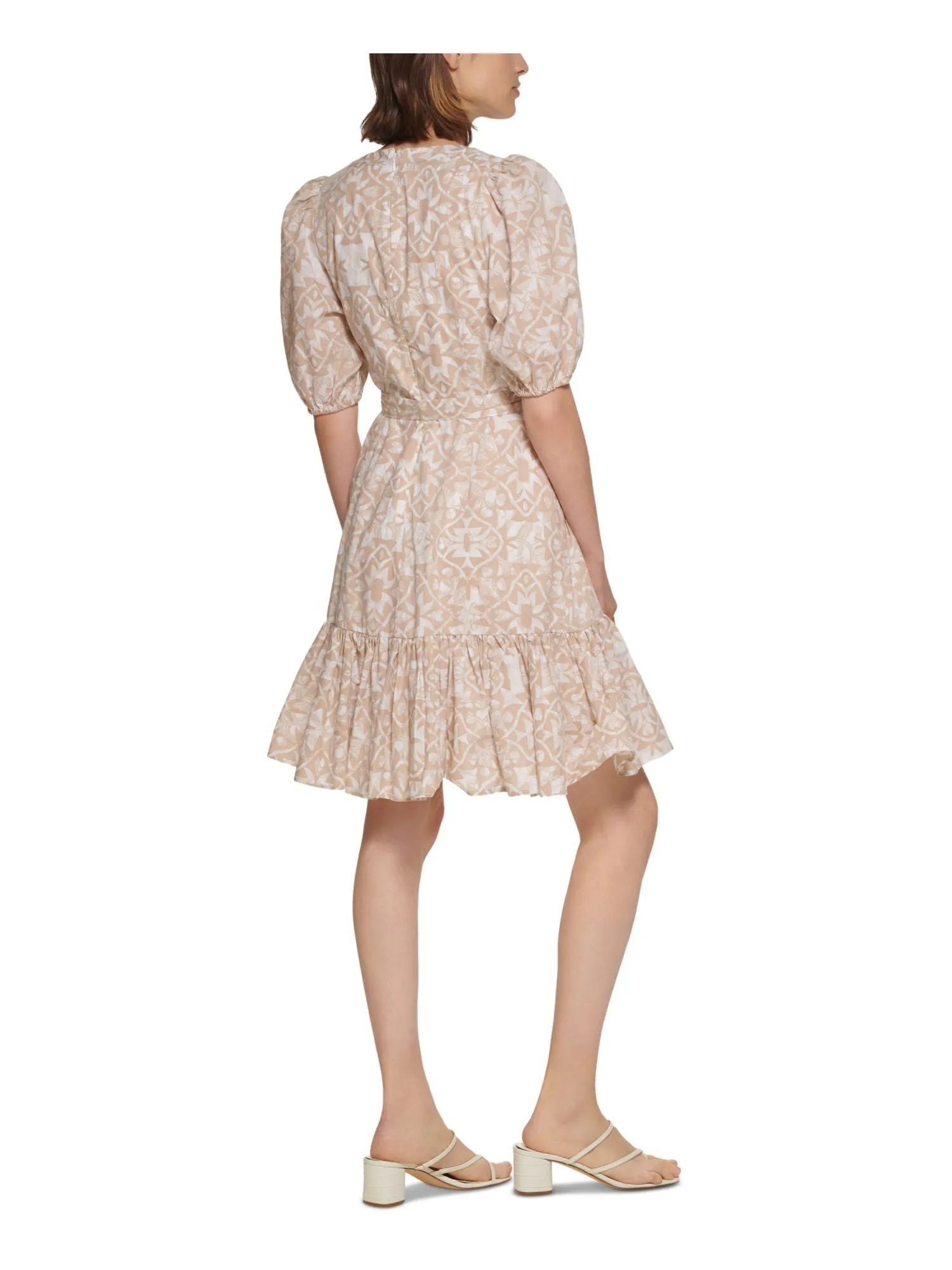 CALVIN KLEIN Womens Beige Zippered Pocketed Tie Belt Lined Printed Pouf Sleeve Split Above The Knee Fit   Flare Dress