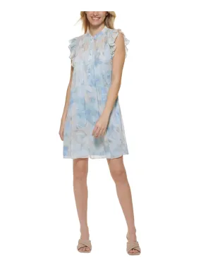 CALVIN KLEIN Womens Blue Tie Sheer Button Front Lined Pintucked Floral Flutter Sleeve Round Neck Above The Knee Shift Dress