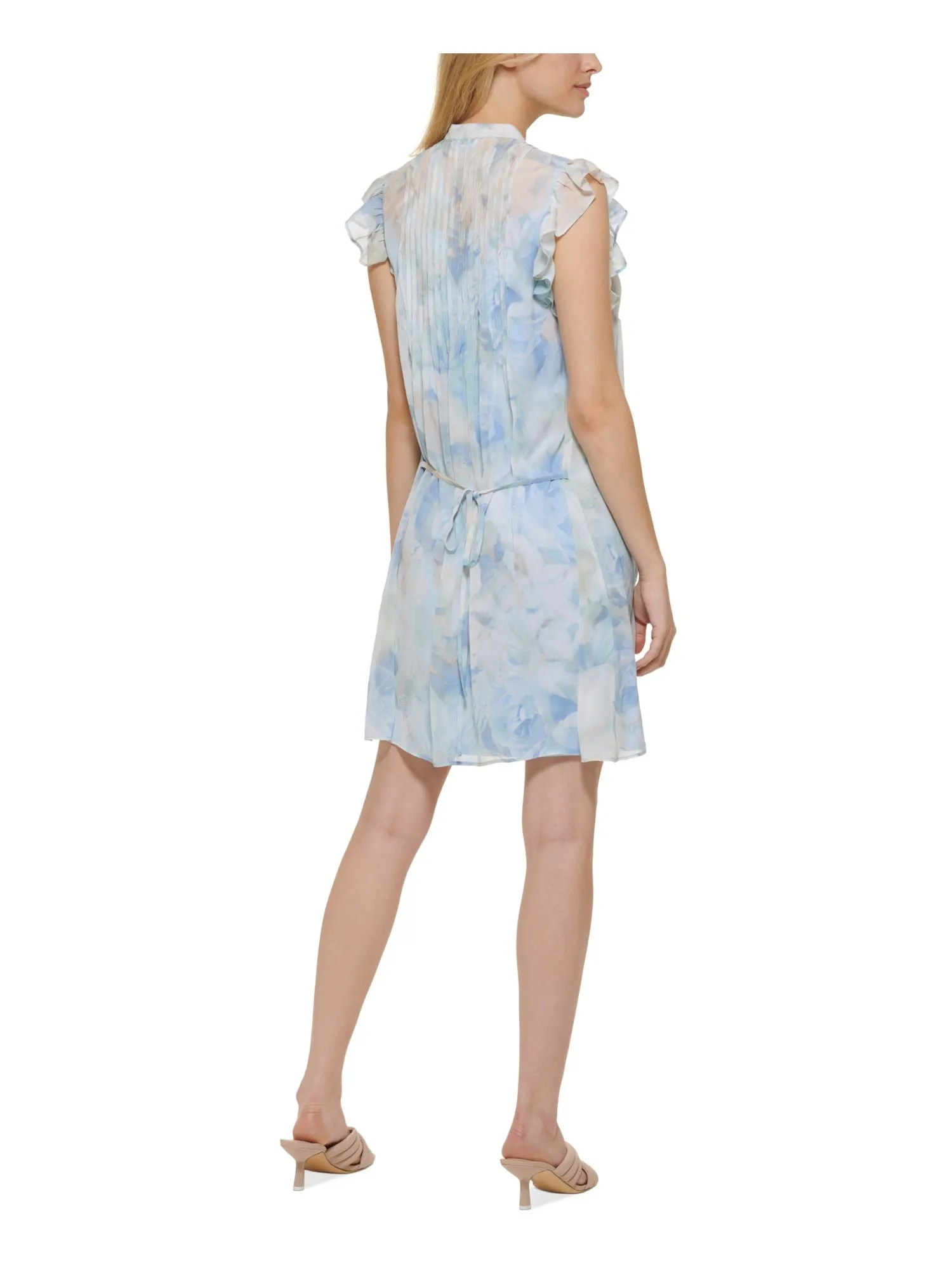 CALVIN KLEIN Womens Blue Tie Sheer Button Front Lined Pintucked Floral Flutter Sleeve Round Neck Above The Knee Shift Dress