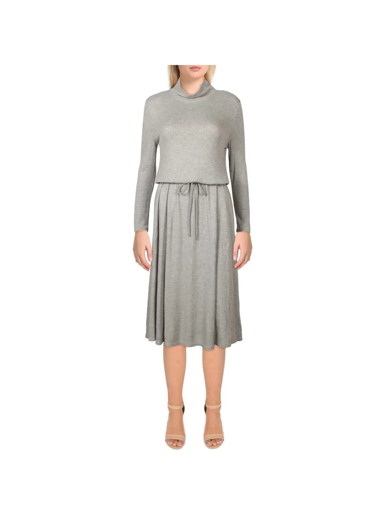 CALVIN KLEIN Womens Gray Stretch Ribbed Pocketed Drawstring Waist Heather Long Sleeve Mock Neck Below The Knee Shift Dress