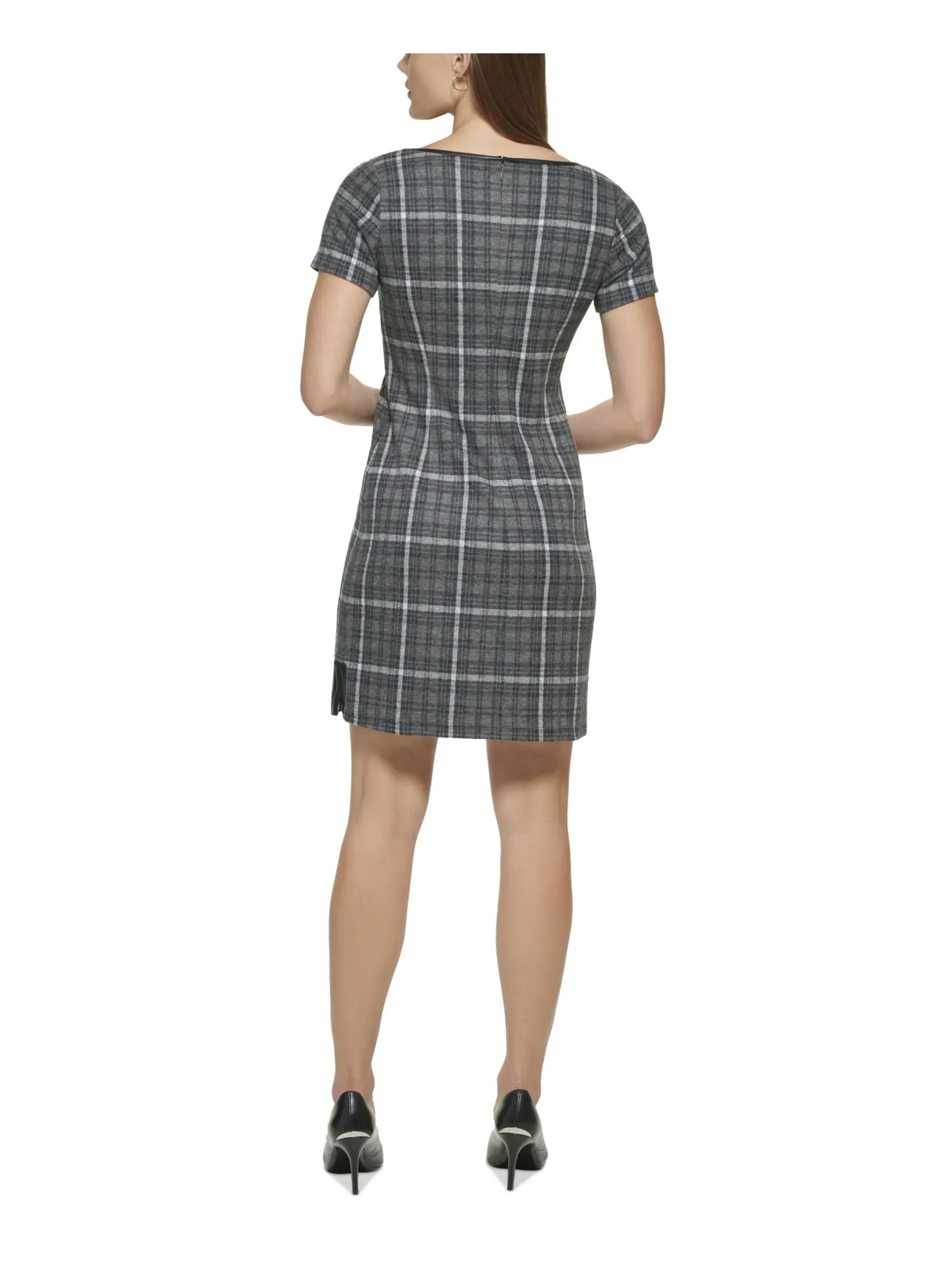 CALVIN KLEIN Womens Gray Zippered Unlined Plaid Short Sleeve Scoop Neck Short Party Sheath Dress