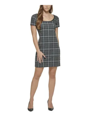 CALVIN KLEIN Womens Gray Zippered Unlined Plaid Short Sleeve Scoop Neck Short Party Sheath Dress