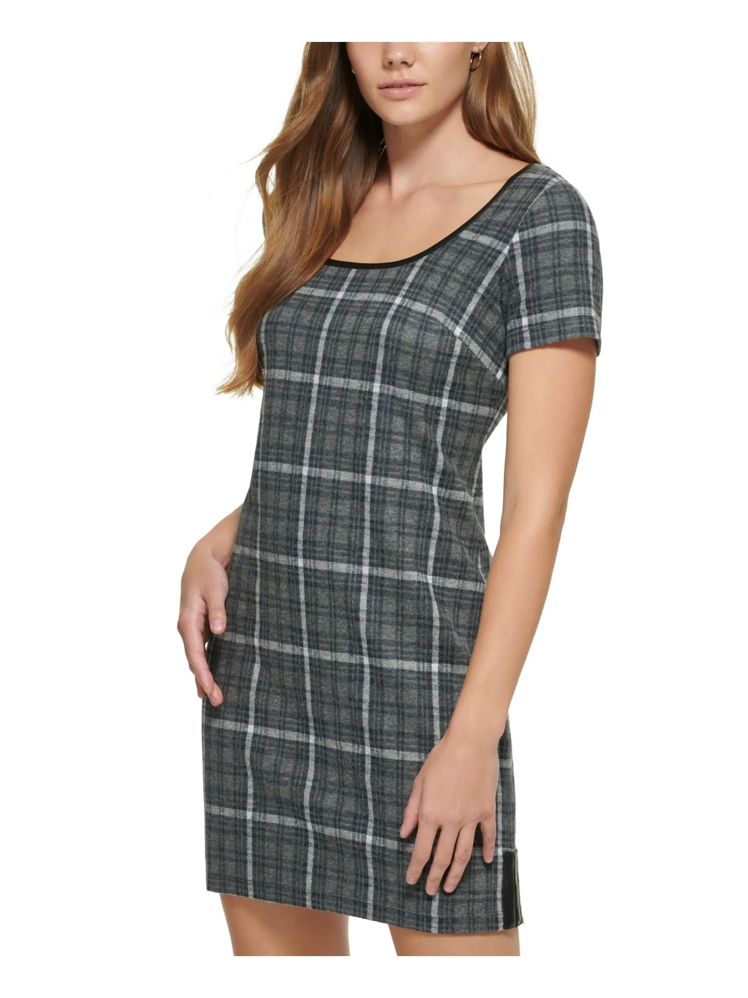 CALVIN KLEIN Womens Gray Zippered Unlined Plaid Short Sleeve Scoop Neck Short Party Sheath Dress