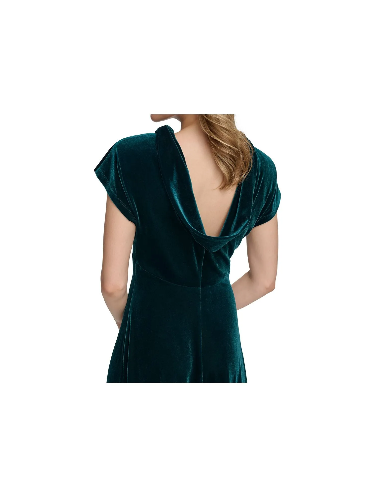 CALVIN KLEIN Womens Green Gathered High Neck Cowl Back Cap Sleeve Midi Evening Fit   Flare Dress