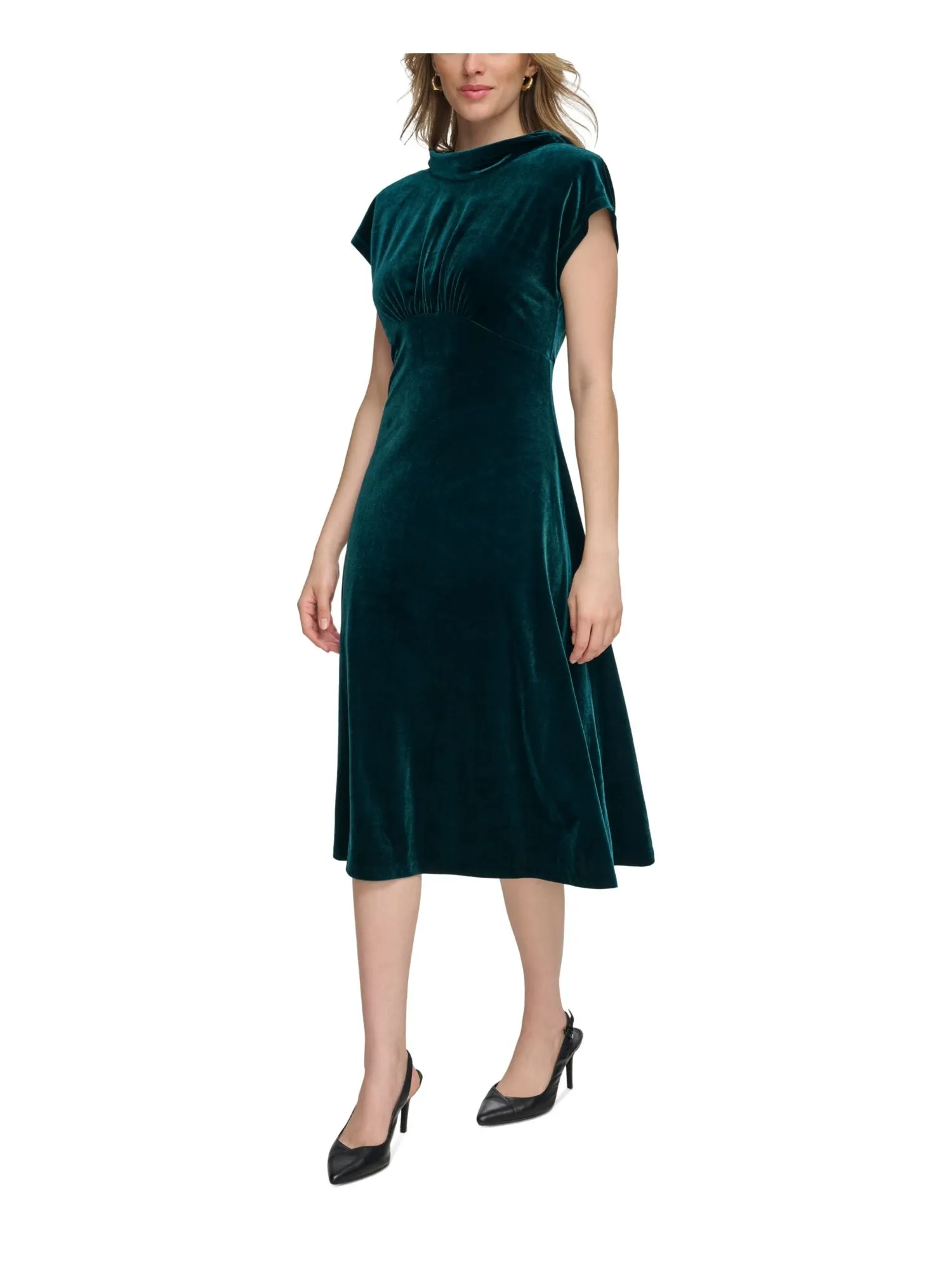 CALVIN KLEIN Womens Green Gathered High Neck Cowl Back Cap Sleeve Midi Evening Fit   Flare Dress