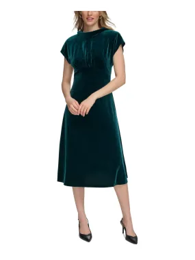 CALVIN KLEIN Womens Green Gathered High Neck Cowl Back Cap Sleeve Midi Evening Fit   Flare Dress