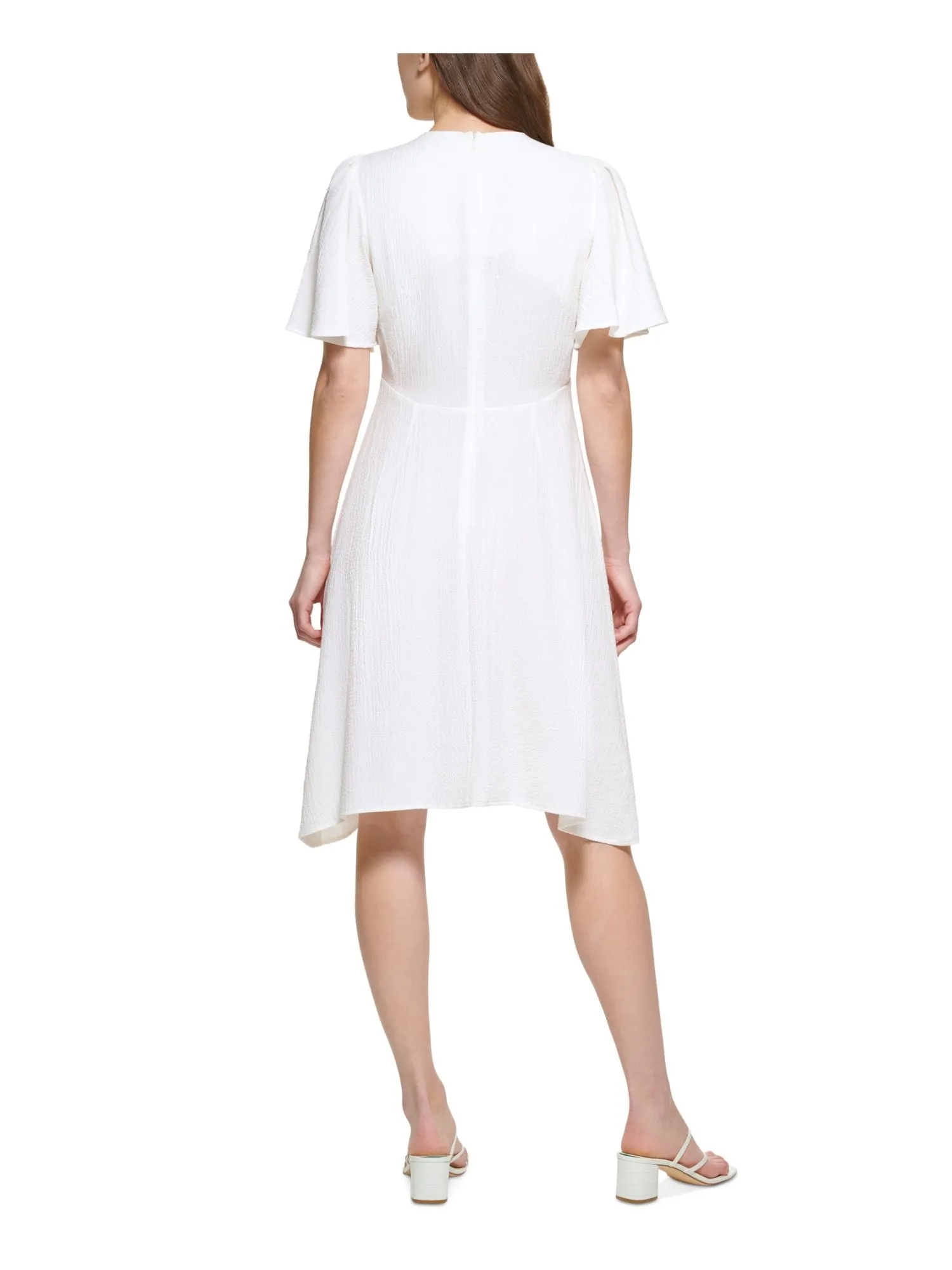 CALVIN KLEIN Womens Ivory Textured Zippered Gathered Flutter Sleeve Round Neck Knee Length Party Sheath Dress