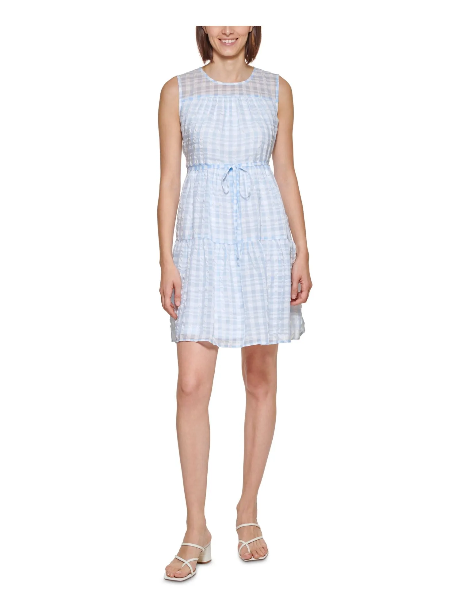 CALVIN KLEIN Womens Light Blue Lined Tie Plaid Sleeveless Crew Neck Above The Knee Shift Dress