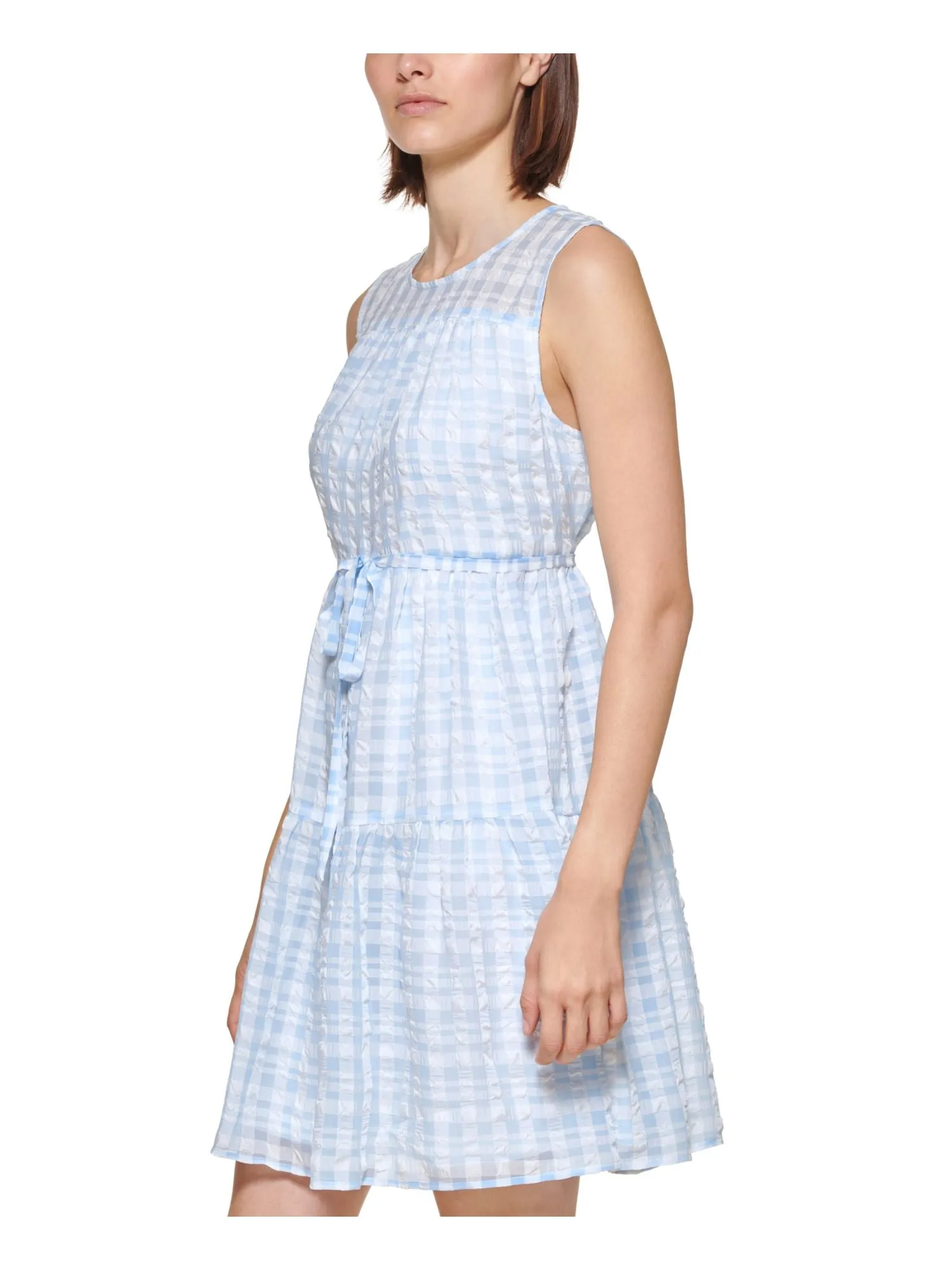 CALVIN KLEIN Womens Light Blue Lined Tie Plaid Sleeveless Crew Neck Above The Knee Shift Dress