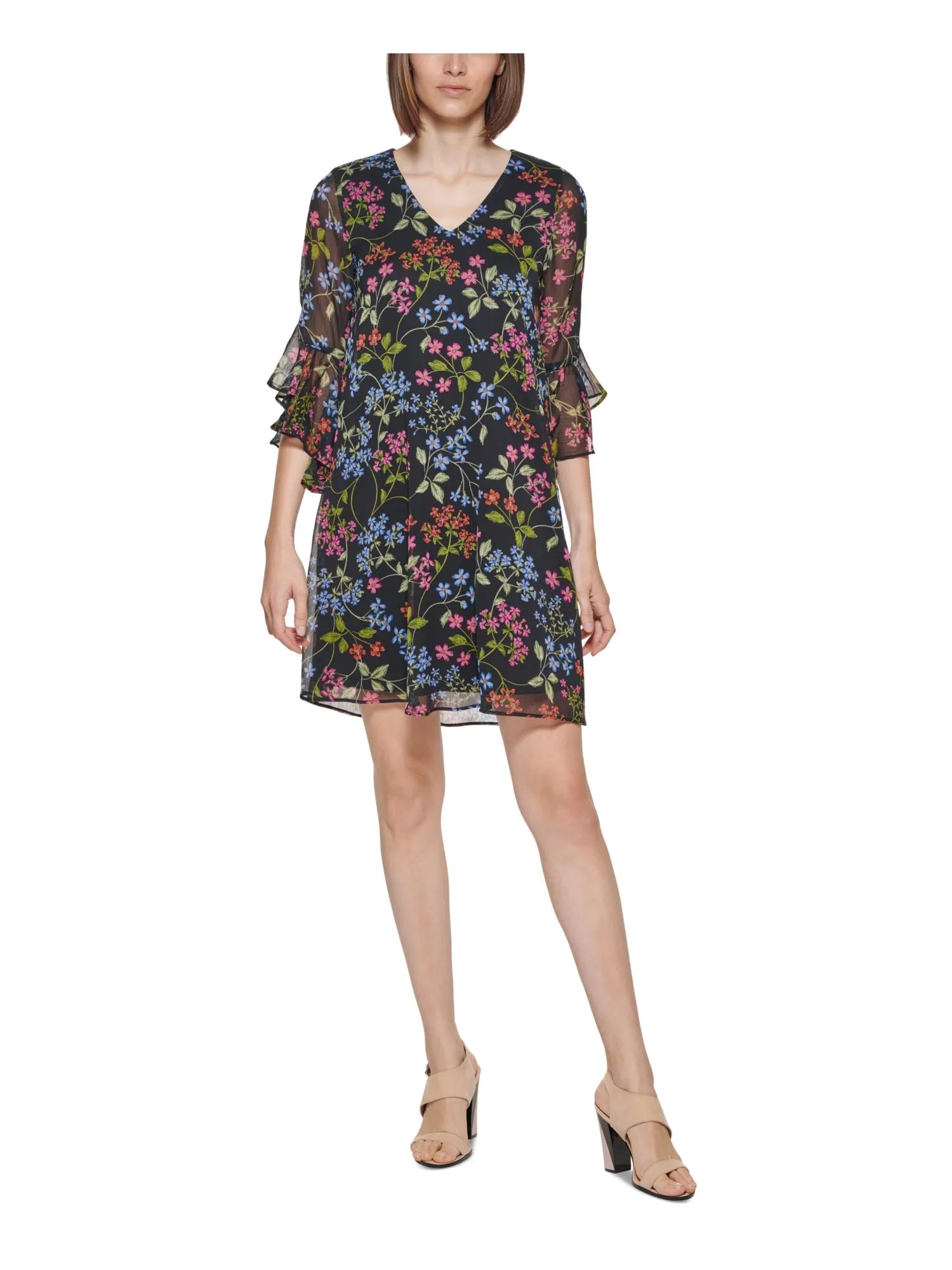 CALVIN KLEIN Womens Lined Floral 3/4 Sleeve V Neck Above The Knee Wear To Work Shift Dress