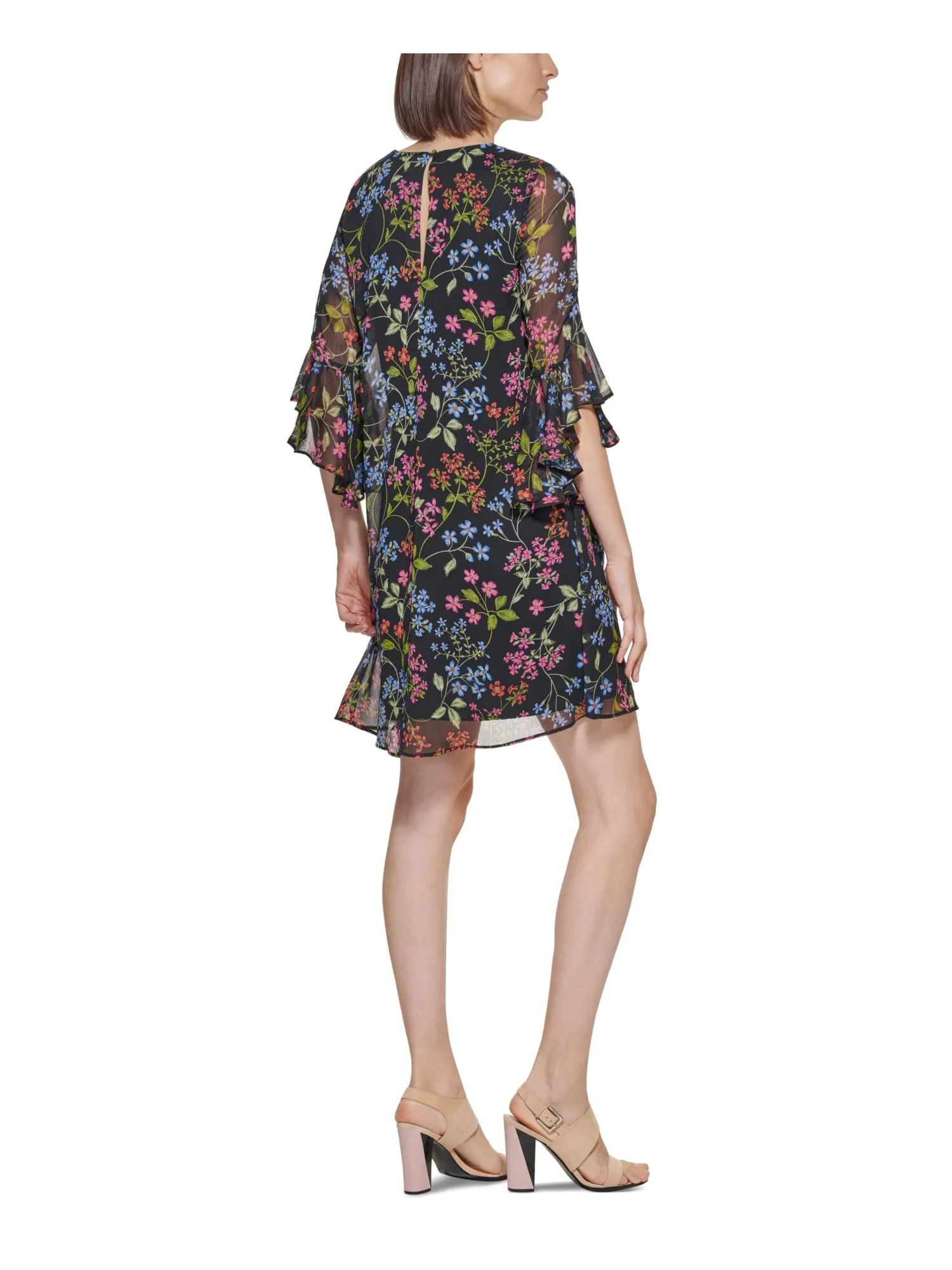 CALVIN KLEIN Womens Lined Floral 3/4 Sleeve V Neck Above The Knee Wear To Work Shift Dress