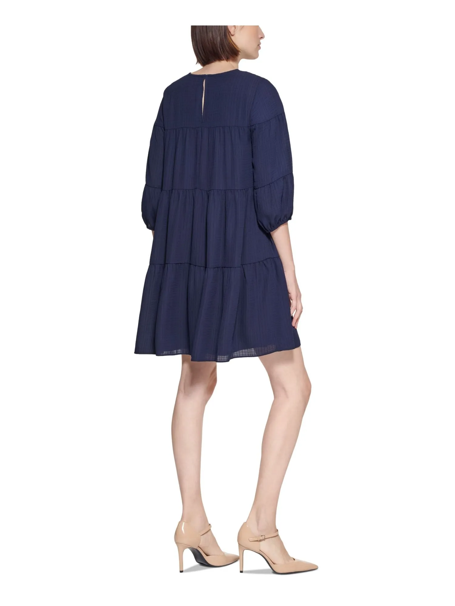 CALVIN KLEIN Womens Navy Textured Keyhole Button Back Tiered 3/4 Sleeve Crew Neck Short Shift Dress