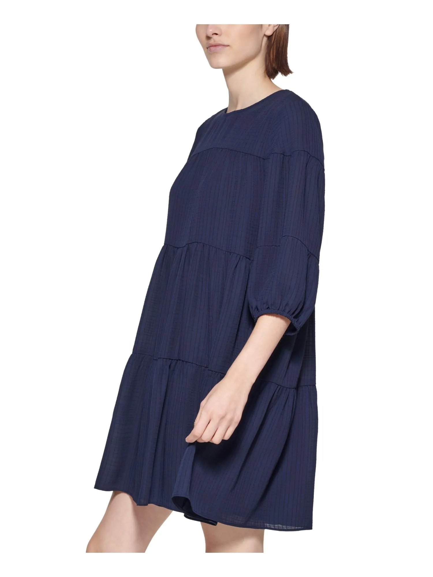 CALVIN KLEIN Womens Navy Textured Keyhole Button Back Tiered 3/4 Sleeve Crew Neck Short Shift Dress