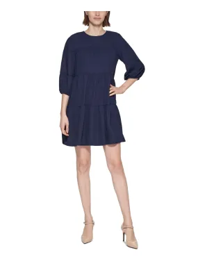 CALVIN KLEIN Womens Navy Textured Keyhole Button Back Tiered 3/4 Sleeve Crew Neck Short Shift Dress