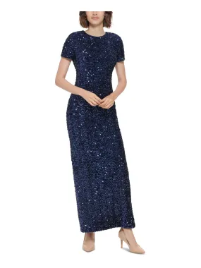 CALVIN KLEIN Womens Navy Zippered Lined Back Slit Short Sleeve Crew Neck Full-Length Evening Gown Dress